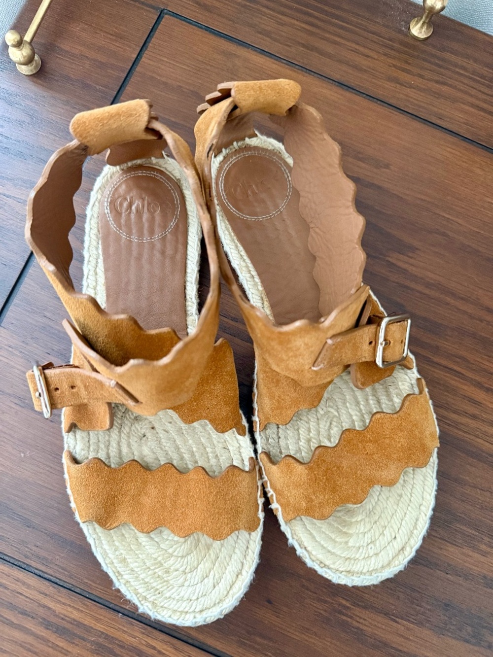 Chloe Lauren Scalloped Tan Suede Flat Espadrille sandals size 37 (women's 7)